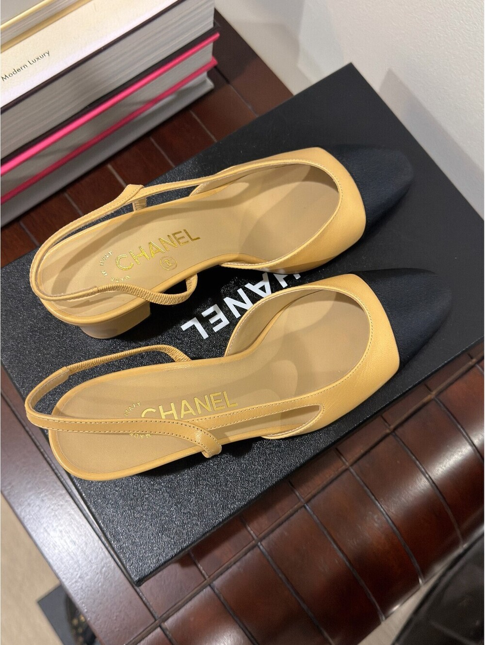 CHANEL - Classic Sling backs, Beige/Black, Size 37.5
